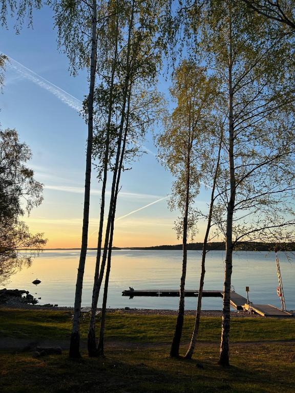 a view of a lake with trees in the foreground at Rindö Hamn Bed & Breakfast in Vaxholm