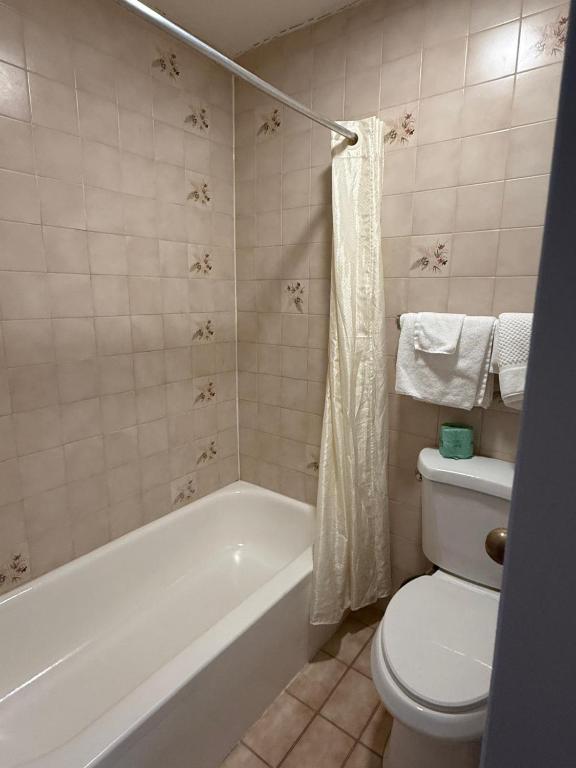 a bathroom with a white tub and a toilet at Monte Mario Motel & Efficiency in Latham