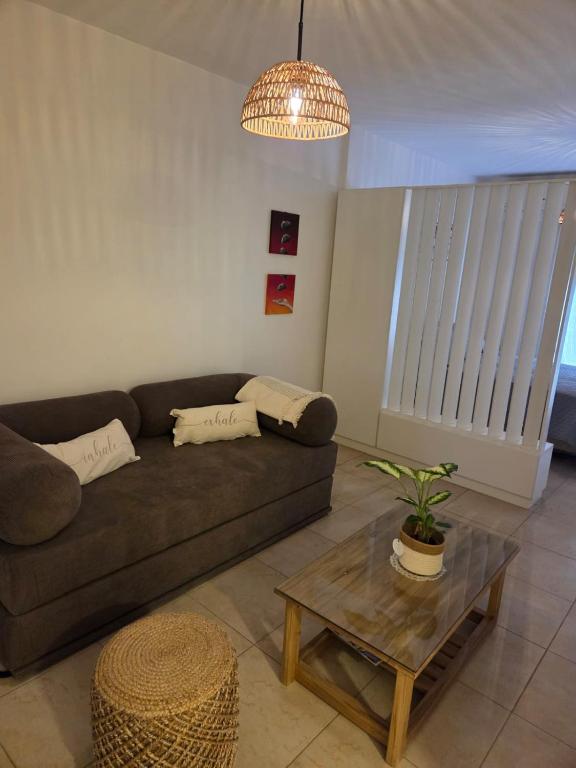 a living room with a brown couch and a table at Olivos Calm Stay in Olivos