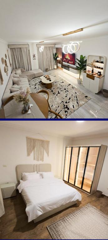 two pictures of a bedroom with a bed in it at Modern 3BR Apartment - Heart of Sheikh Zayed - Gated Compound in Sheikh Zayed