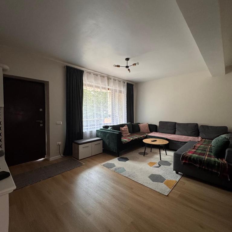 a living room with a couch and a table at Ap DoDe Predeal in Predeal