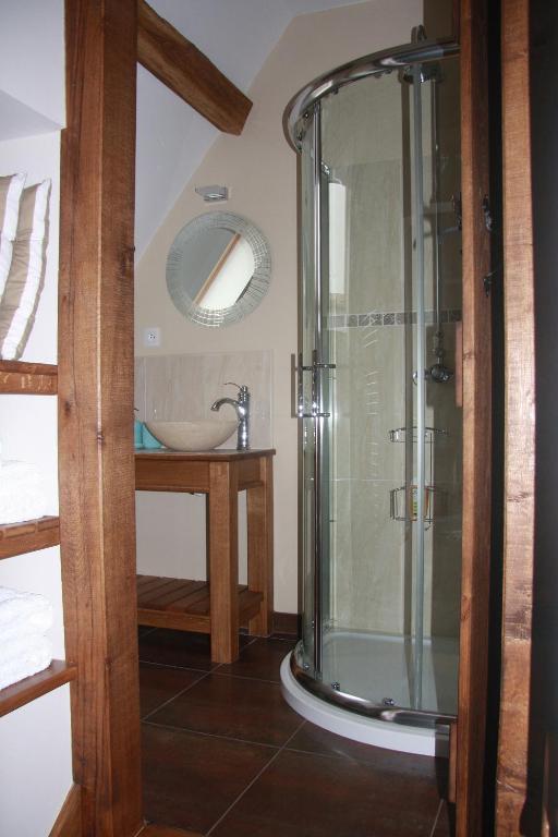 a bathroom with a shower and a sink at Les Bouts de Rallé Chambre d&#39;Hotes in Sainte-Osmane