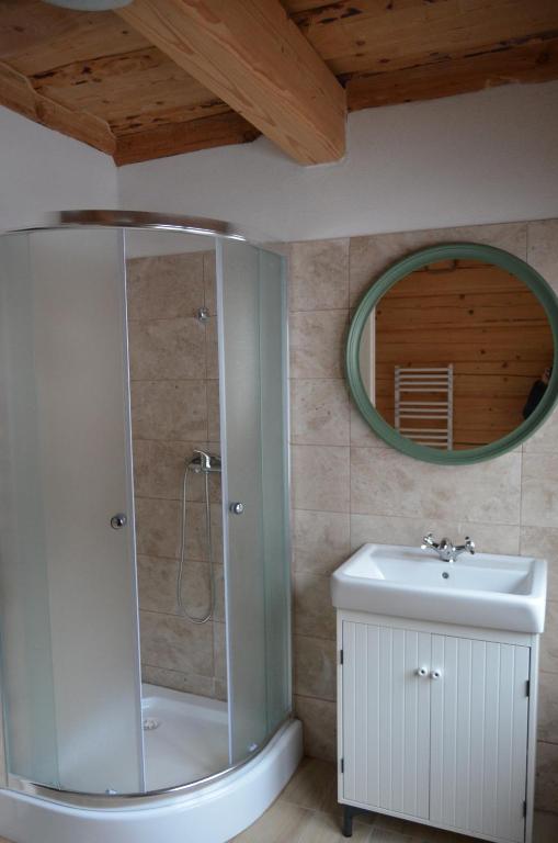 ein Bad mit einer Dusche, einem Waschbecken und einem Spiegel in der Unterkunft Silent Hill 1 in Krpáčovo