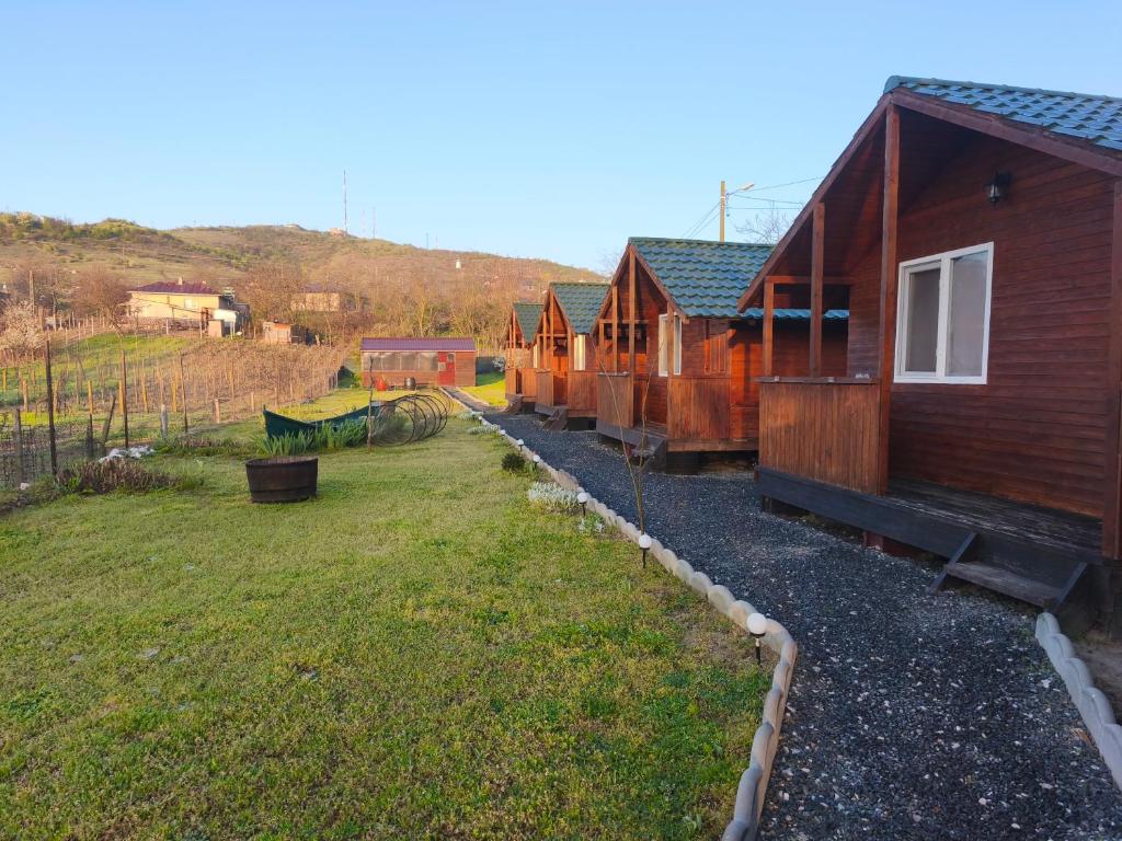 a row of wooden huts in a field with a yard at "La Aurel" Mahmudia in Mahmudia