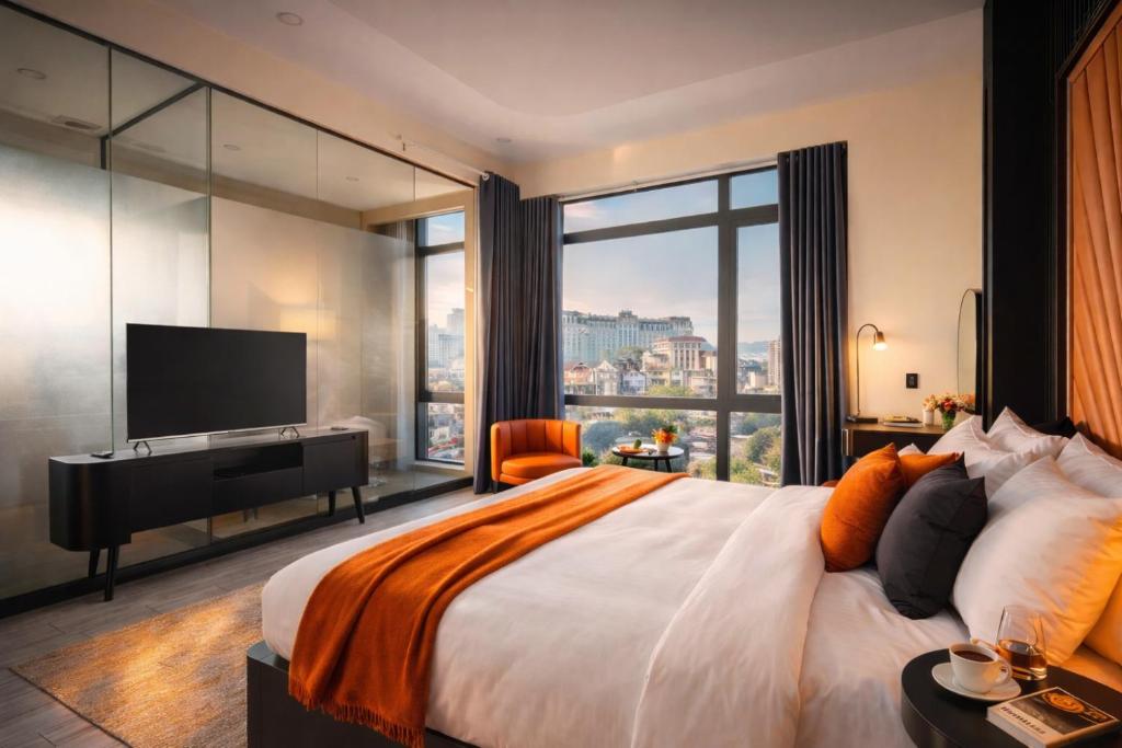 a bedroom with a large bed and a large window at Greenview City Hotel in Da Lat