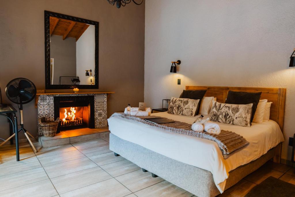 a bedroom with a bed with a fireplace and a mirror at Greenfields Guesthouse & Restaurant in Alberton