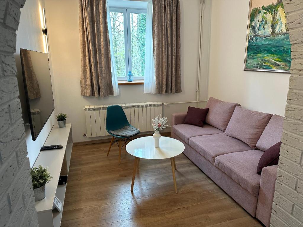 a living room with a couch and a table at Crystal Lakes Apartment in Plitvička Jezera