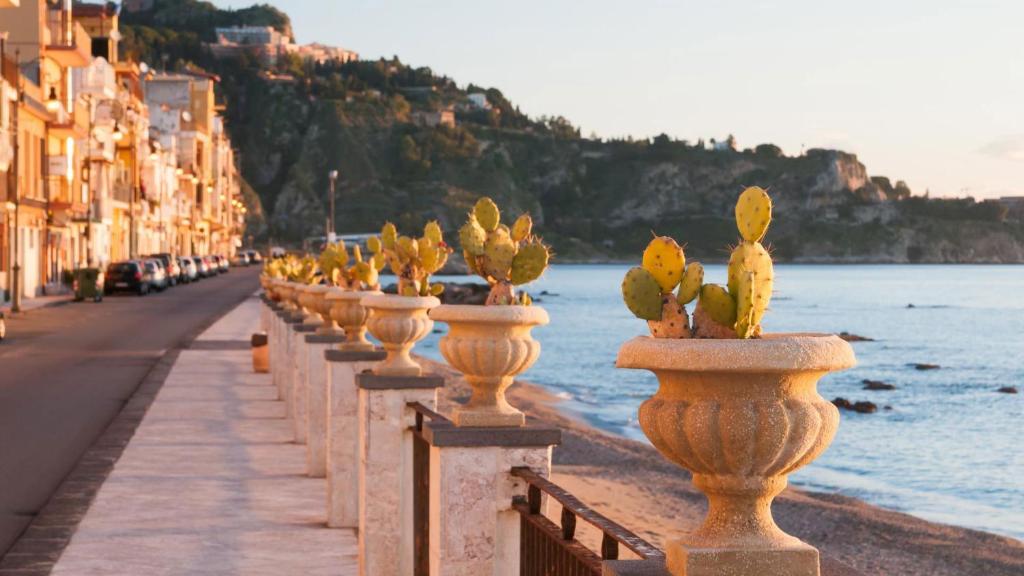 a row of vases with plants in them on a street at Kyma Apartment - Giardini Naxos in Giardini Naxos