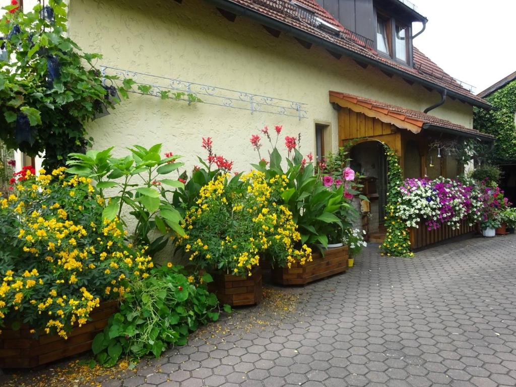a bunch of flowers in baskets outside of a building at Ferienwohnung Wassergartenparadies in Harsdorf