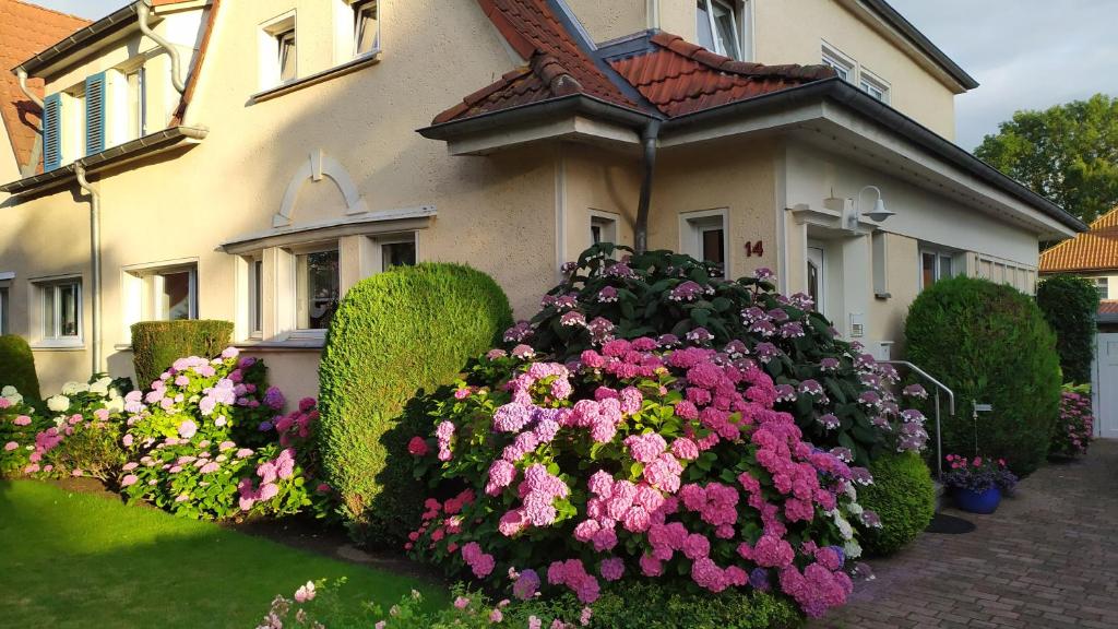 ein Blumenstrauß vor einem Haus in der Unterkunft Ferienwohnung Bleichen in Stralsund