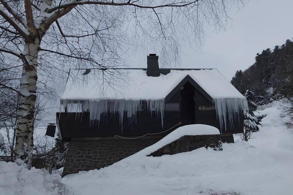 a building covered in snow with icicles on it at Chalet les Sonnailles in Mont-Dore