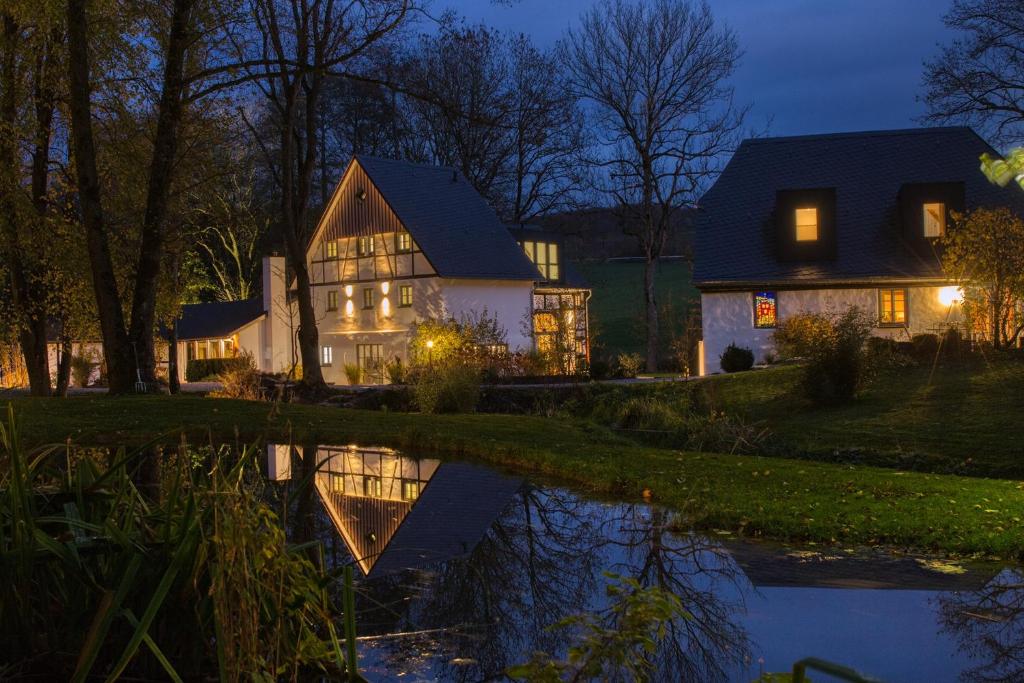 a house with a reflection in the water at night at Michels Mühle - Pitt sin Atelier in Brilon
