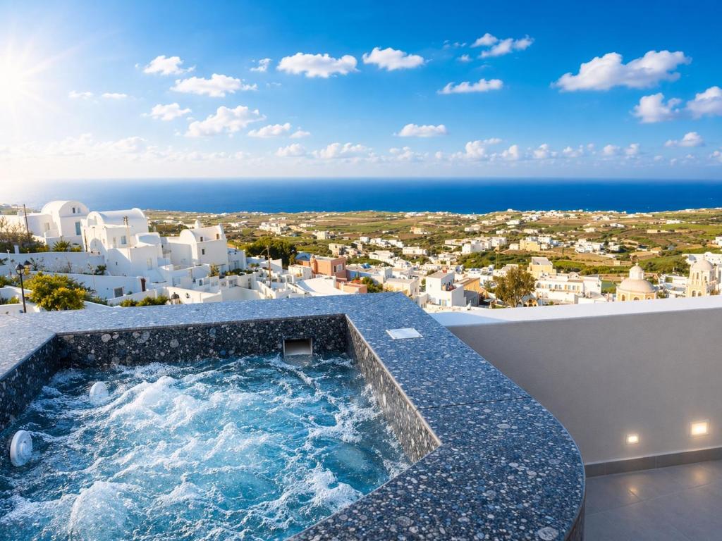 a hot tub on the balcony of a villa at EvMariA suites in Fira