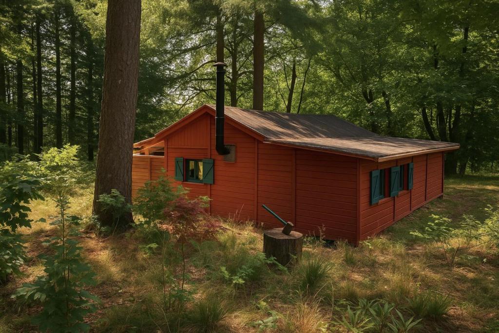 a small red cabin in the middle of a forest at Chalet Le Puy Papillon in Servières-le-Château