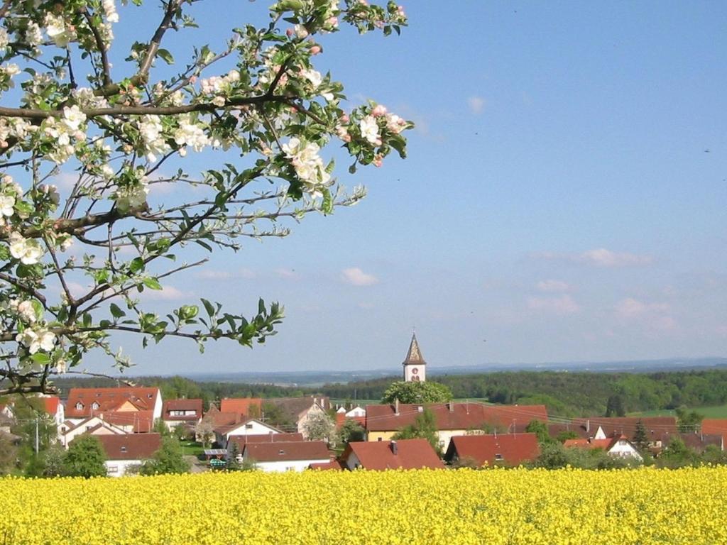 a village with a church and a field of flowers at Kleine Auszeit in Thalheim