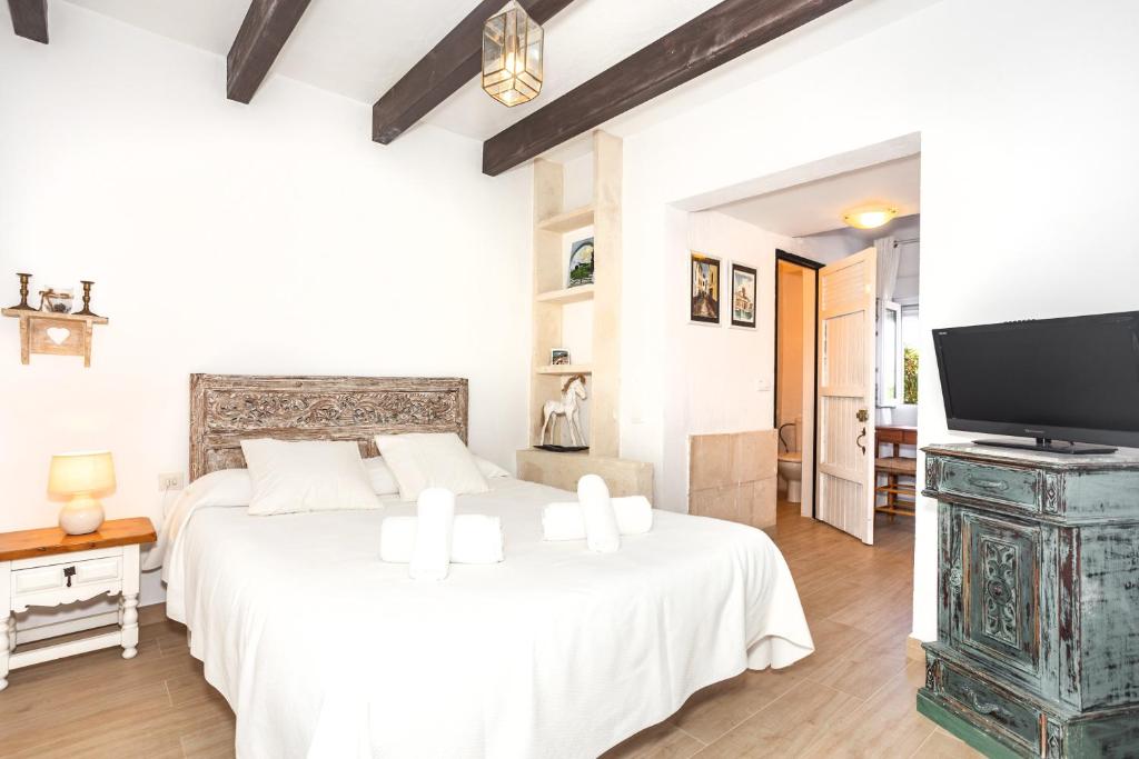 a bedroom with a bed and a flat screen tv at Villa Kassiopea in Cala Blanca