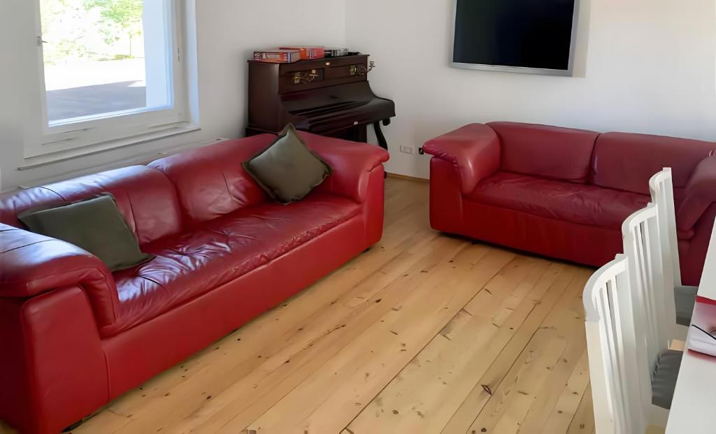 a living room with two red couches and a television at Sommerlich bei den Sorben in Schmerlitz