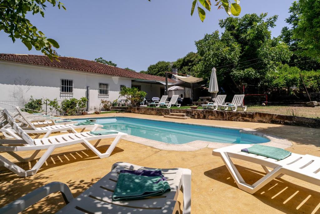 a swimming pool with lounge chairs next to a house at Casa da Quinta da Castanheira in Cepões