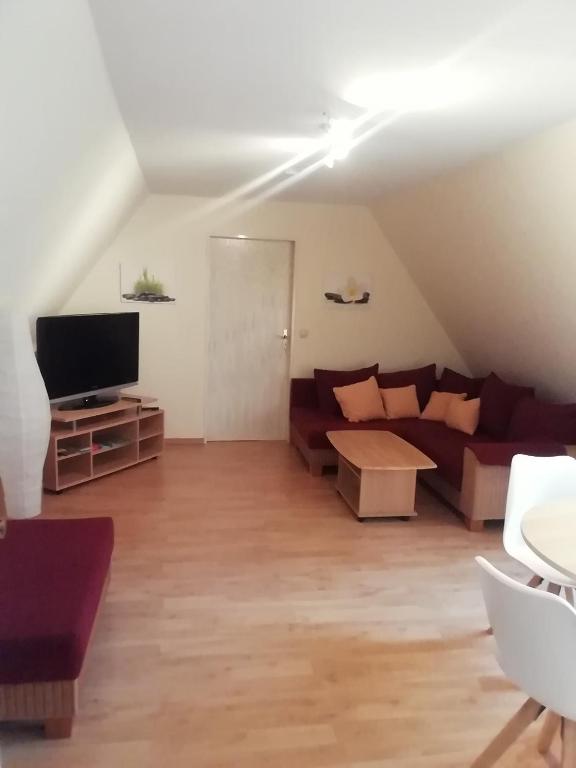 a living room with a couch and a tv at Ferienwohnung Loewe in Plau am See