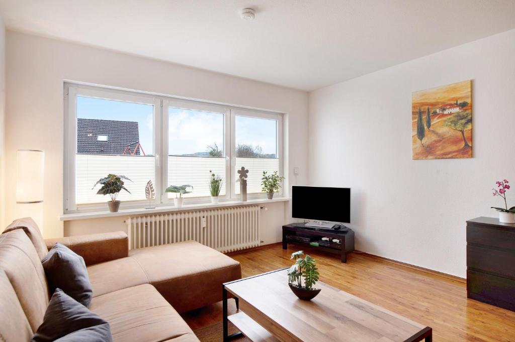 a living room with a couch and a tv at Agricola in Bad Säckingen