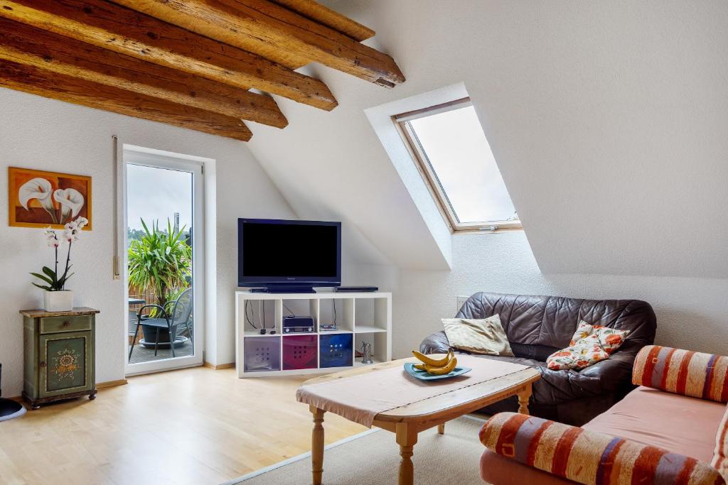 a living room with a couch and a tv at Ferienwohnung Goelz in Bad Schussenried