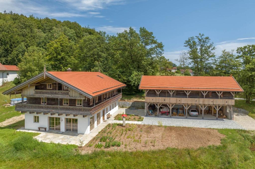 an aerial view of a house with an orange roof at Englburger Hof in Tittling
