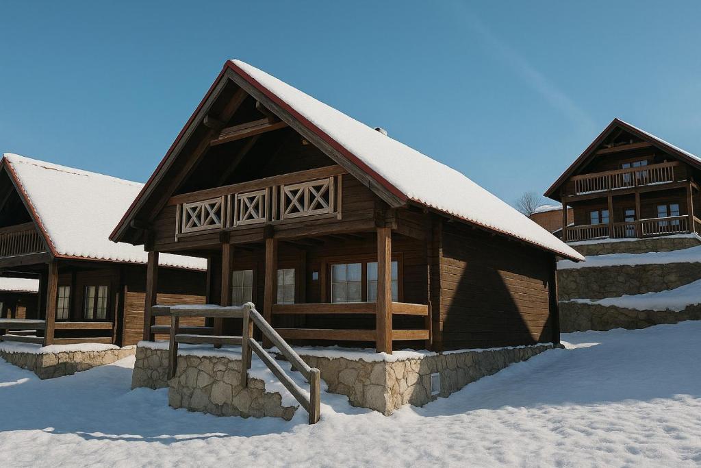 a log cabin with a snow covered roof at Chalet Belfort in Penhas da Saúde