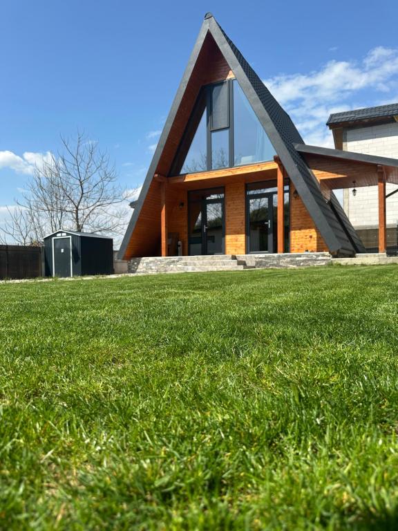 a house with a triangular roof on a grass field at Cabana Lara in Curtea de Argeş