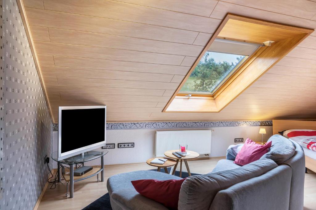 a living room with a couch and a skylight at Elkes Ferienappartment in Eschenrod