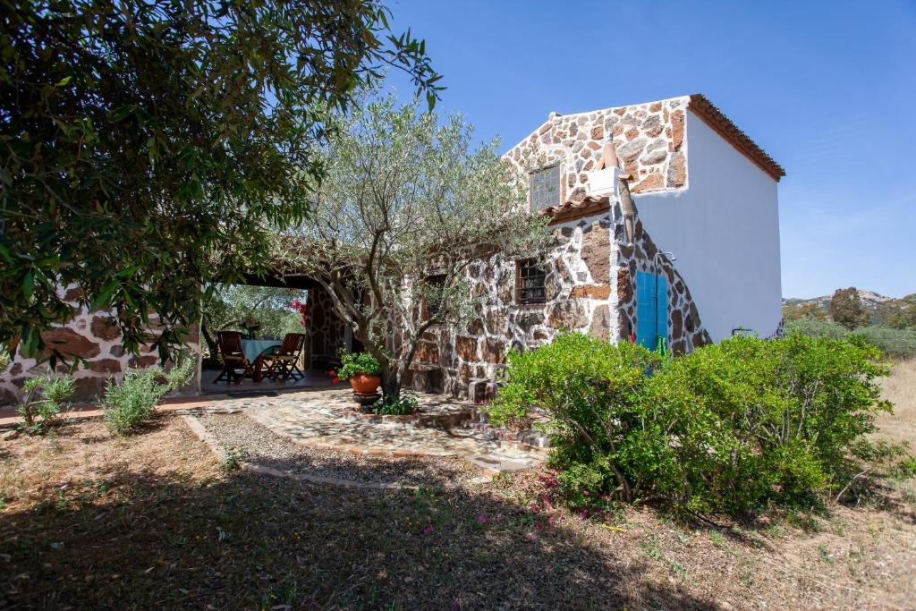 a stone house with a blue door in a yard at Sa Domedda in Orosei