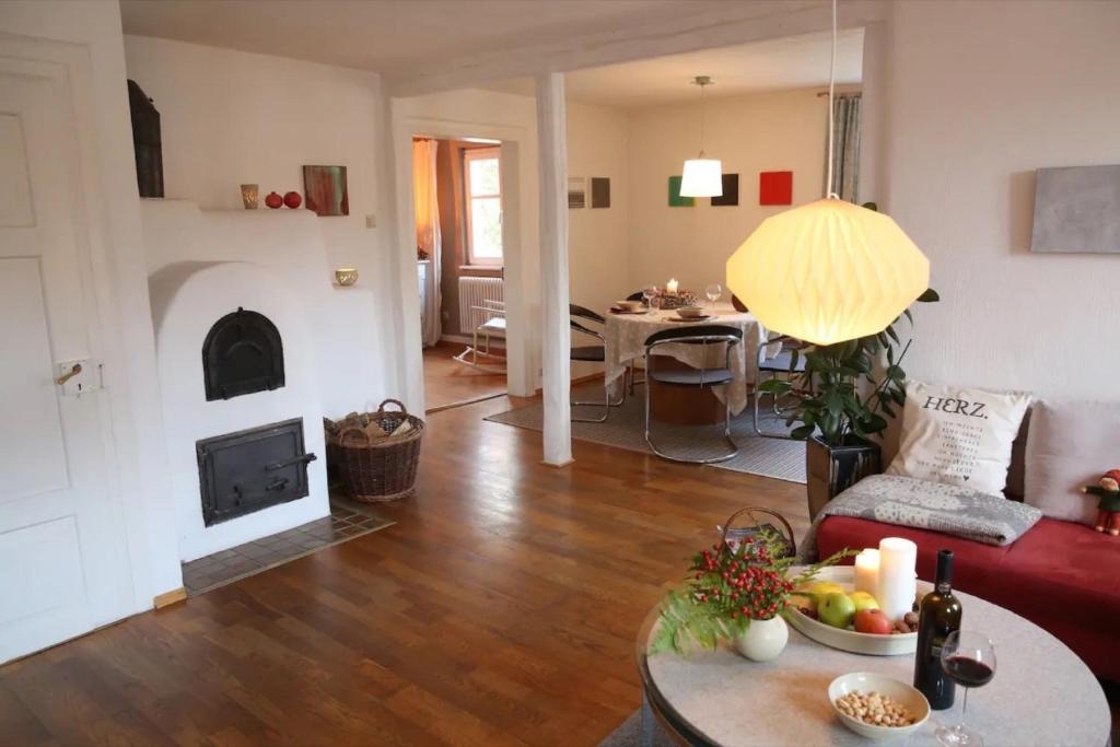 a living room with a couch and a fireplace at Luise Im Künstlerhaus in Langmühle