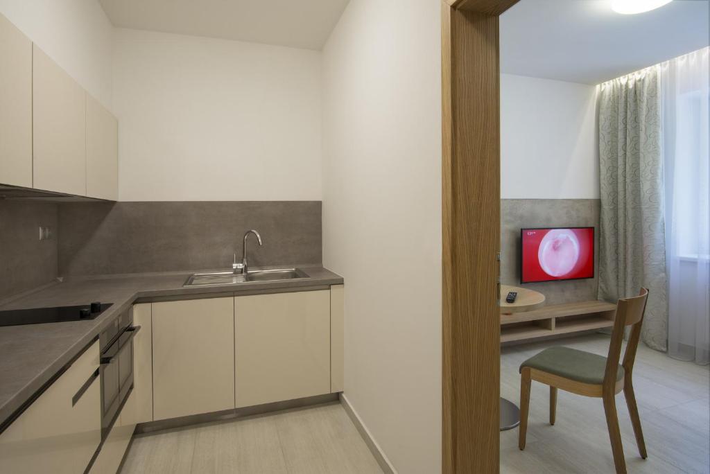 Kuchyň nebo kuchyňský kout v ubytování HOTEL A RESTAURACE U STAVAŘE