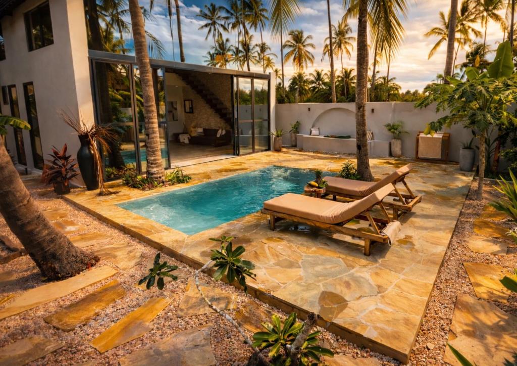 a backyard with a swimming pool and a villa at Bahari Mirror Villas in Jambiani