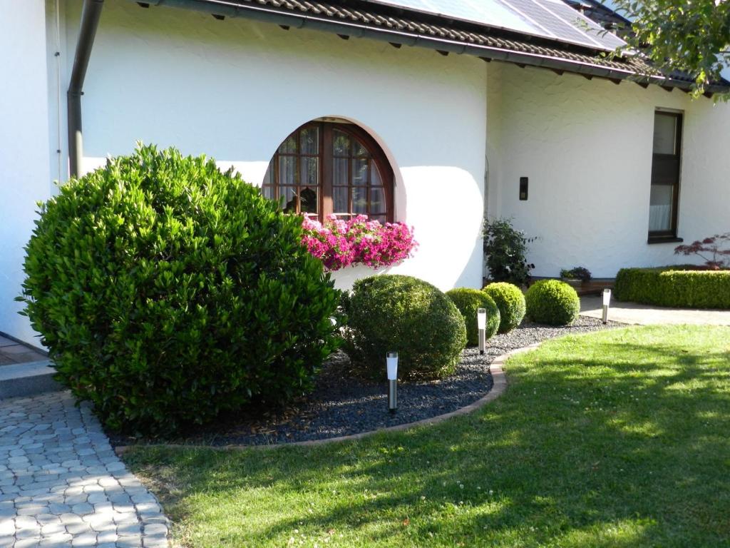 a yard with bushes and a building with a window at Ferienwohnung Schwendemann in Laichingen