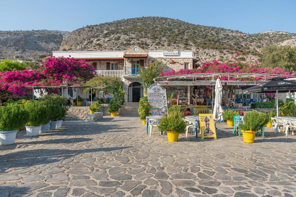 a building with potted plants in front of it at Hotel Galini in Kalymnos
