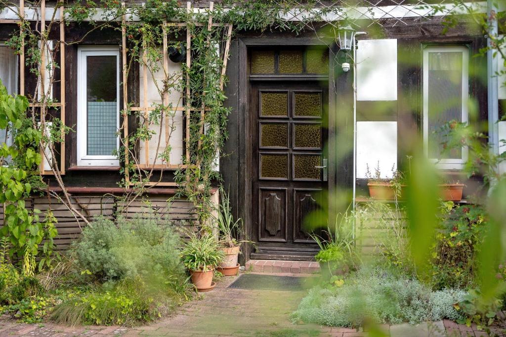 a front door of a house with plants at Ferienwohnung Bett Und Buch in Lychen
