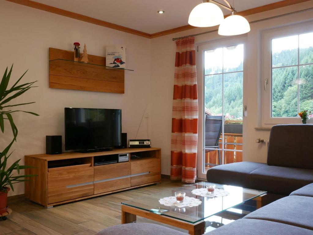 ein Wohnzimmer mit Sofa und Fernseher in der Unterkunft Ferienwohnung Eulennest in Wolfach