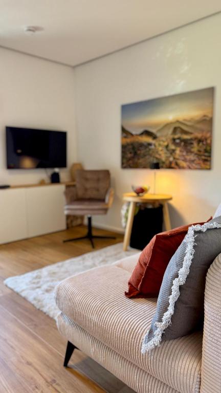 a living room with a couch and a television at Kathi´s Allgäuliebe in Weitnau