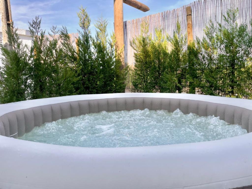 a hot tub in a backyard with water at Casa Syrah in Palmela