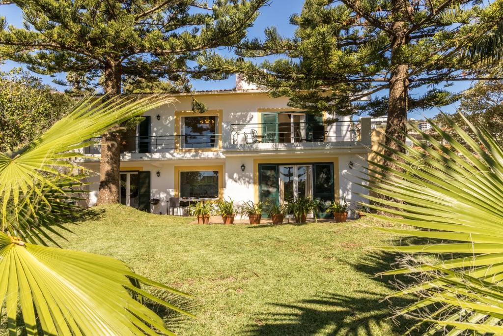 a white house with palm trees in front of it at Villa Echium T2 in Caniço