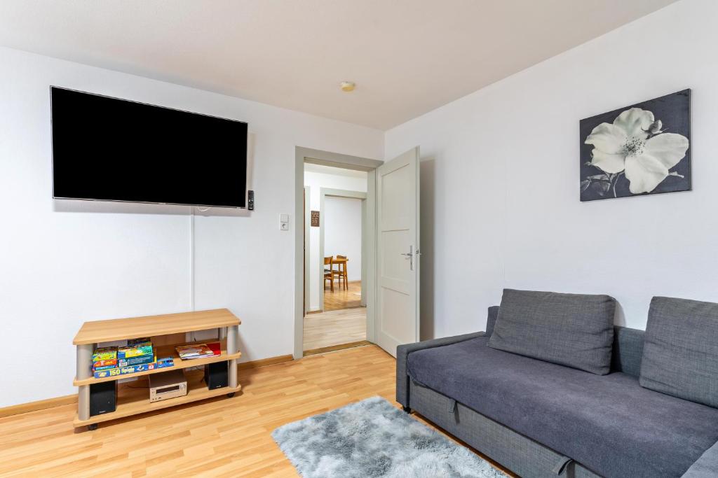 a living room with a couch and a flat screen tv at Ferienwohnung Joanna in Wolfach