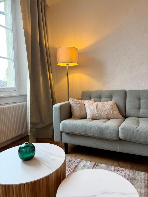 a living room with a couch and a table at Aarebar Rooms in Solothurn
