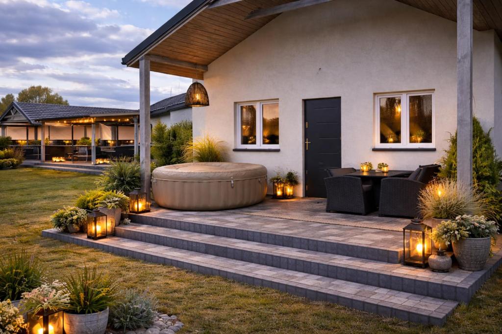a backyard patio with a fire pit and lights at Bajkowe Domki Marzeń Grei in Węgorzewo