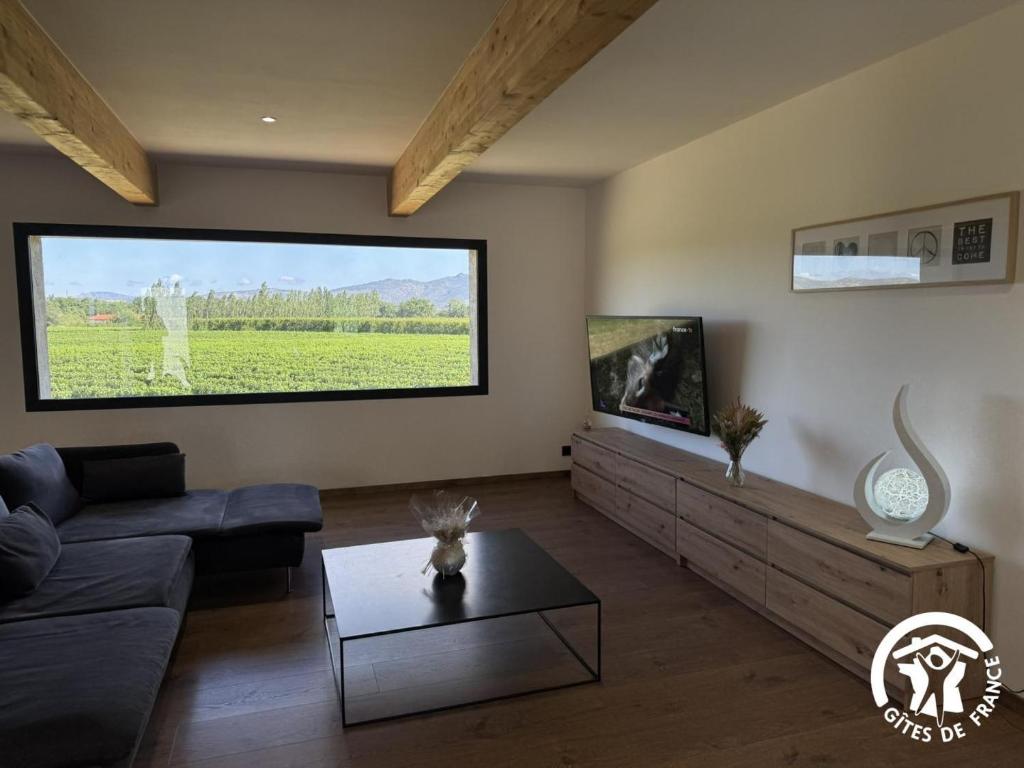 a living room with a couch and a flat screen tv at Les mains du soleil in Millas