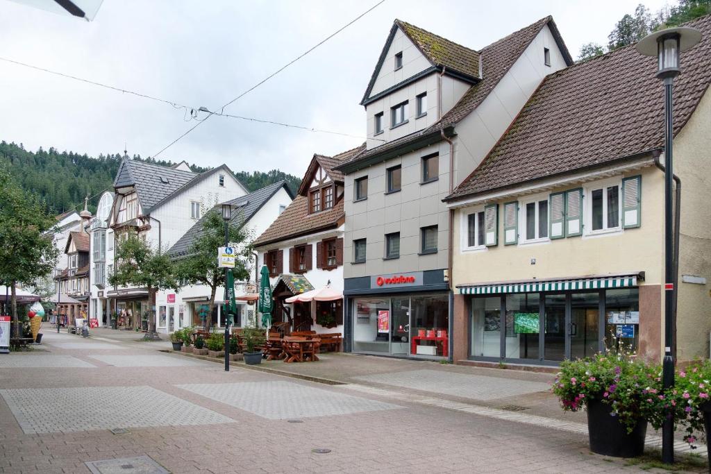 an empty street in a town with buildings at Haus Schiltach in Schramberg