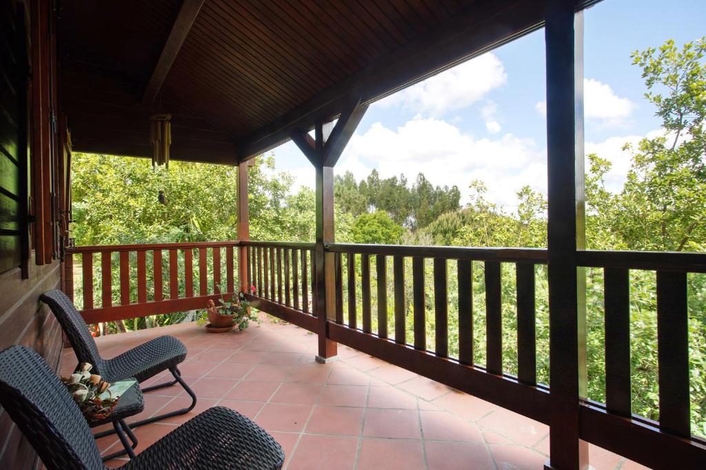 a screened porch with chairs and a view of trees at Quinta Do Castelo - Casa de Madeira in Reguengo Grande