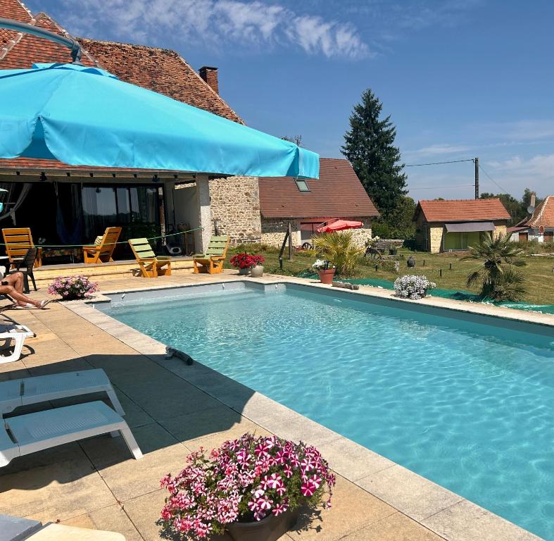 a swimming pool with a blue umbrella and some flowers at Gite Cosy Forme et Bien-etre in Masseret