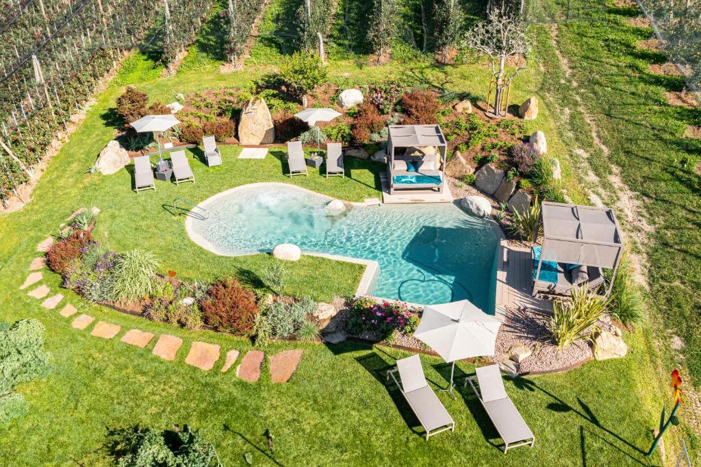 an aerial view of a backyard with a swimming pool at Apfel Chalet Feldhof in Caines