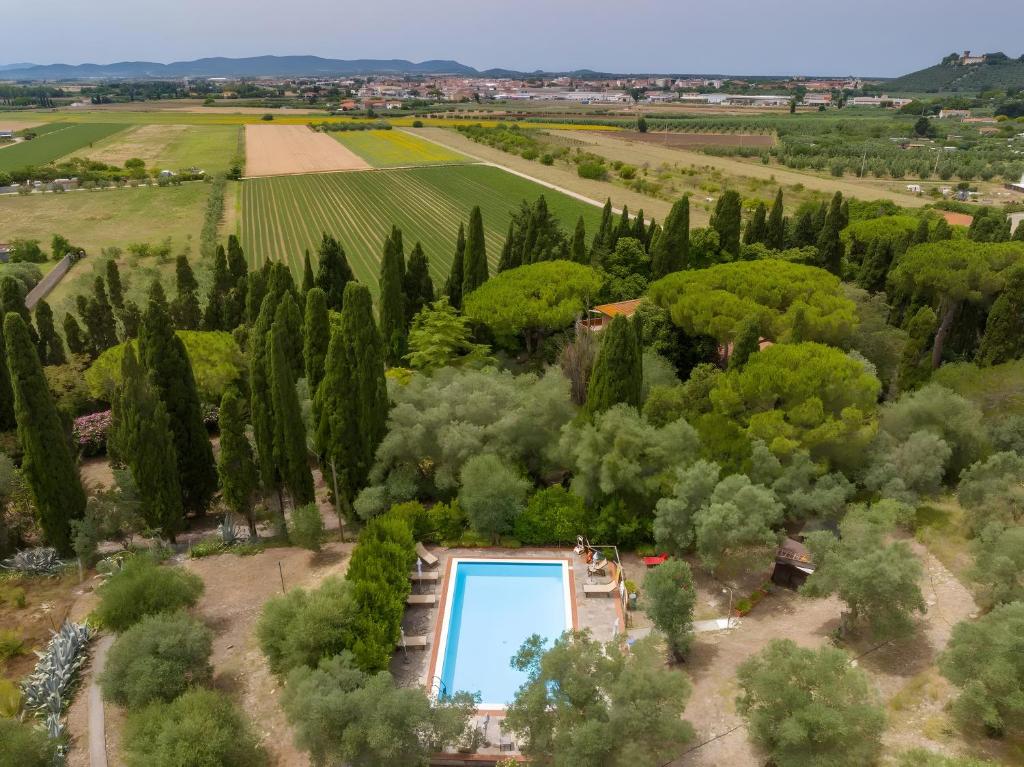 an aerial view of a villa with a swimming pool and trees at Villa I Tigli - Pervinca in Campiglia Marittima