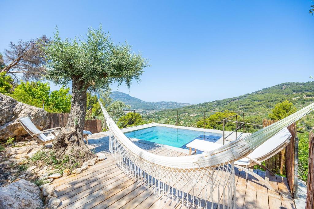 a hammock with a tree and a swimming pool at Els Abats in Fornalutx
